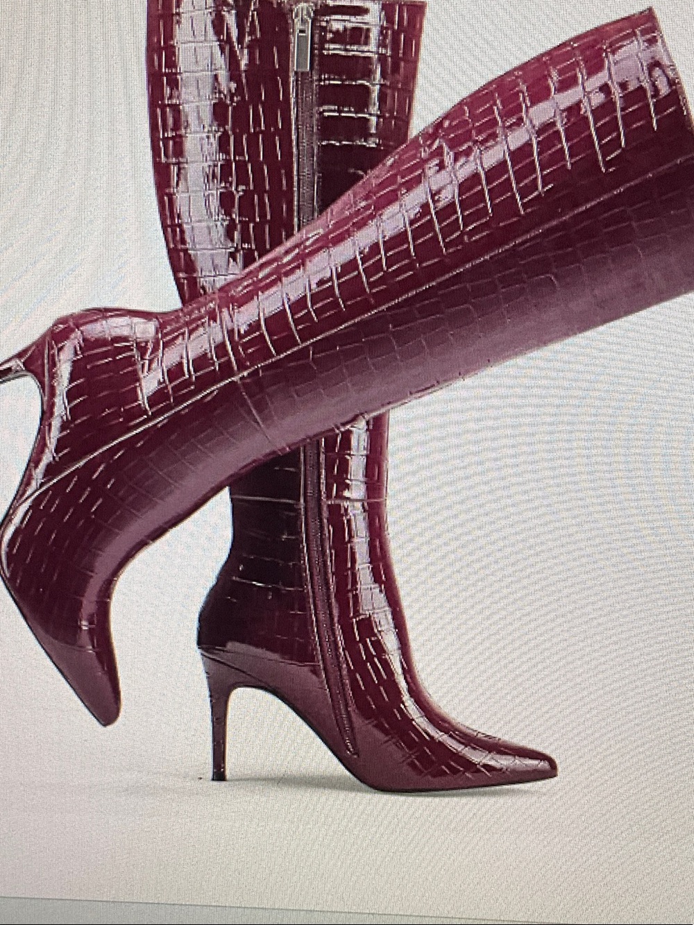 Genshuo Croc-Embossed Knee-High Stiletto Boots in Burgundy
